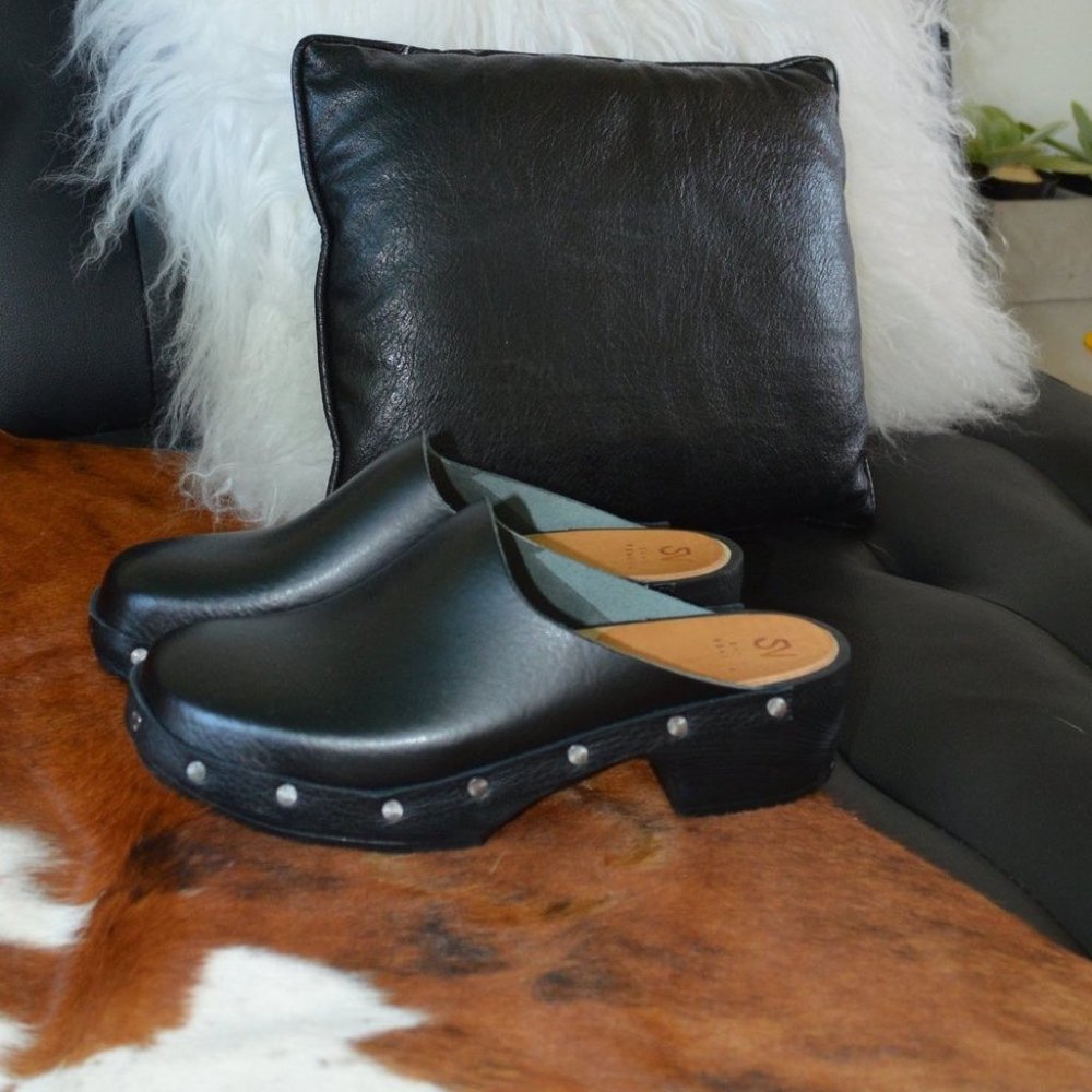 Studded Black Leather Clogs
